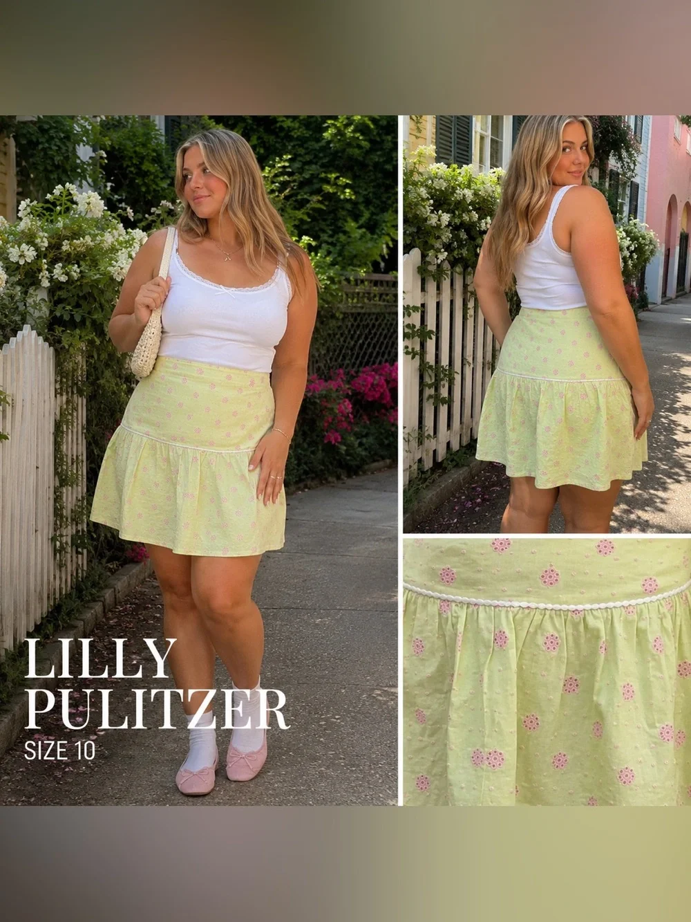 Lilly Pulitzer Green Pink Eyelet Embroidered Cotton Mini Skirt Size 10